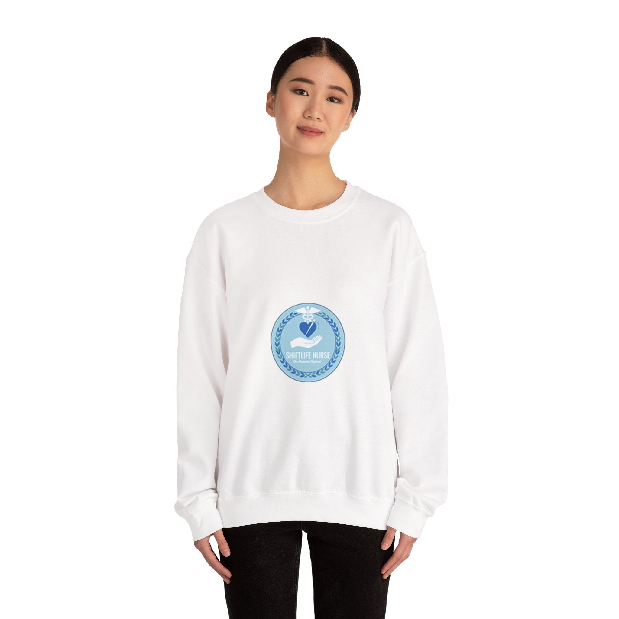 Crewneck Sweatshirt — Compassionate Nurse Blue Badge Design