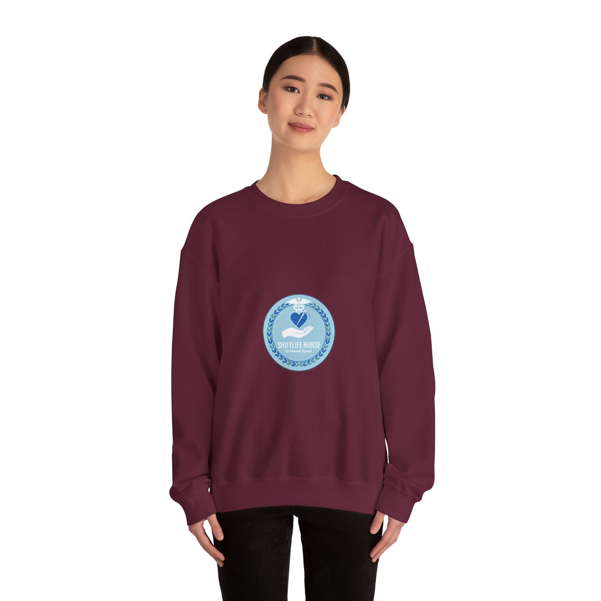 Crewneck Sweatshirt — Compassionate Nurse Blue Badge Design