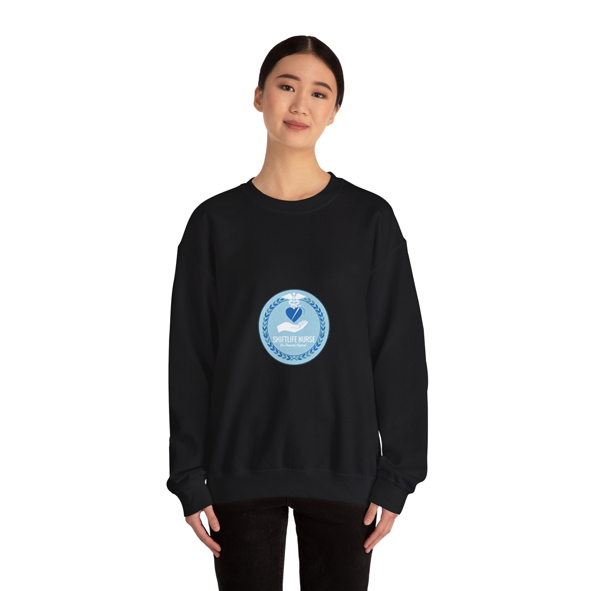 Crewneck Sweatshirt — Compassionate Nurse Blue Badge Design