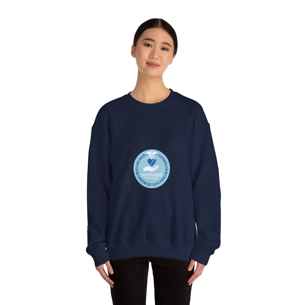 Crewneck Sweatshirt — Compassionate Nurse Blue Badge Design