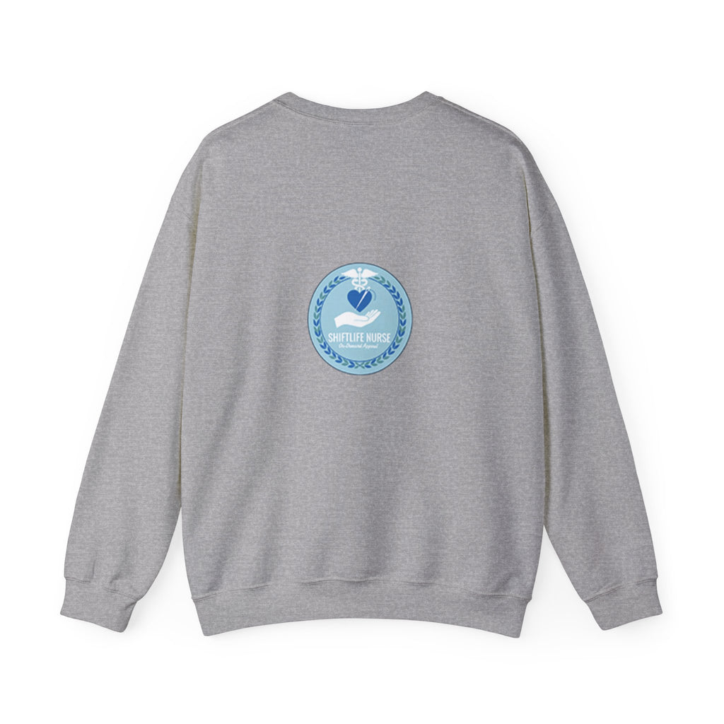 Crewneck Sweatshirt — Compassionate Nurse Blue Badge Design