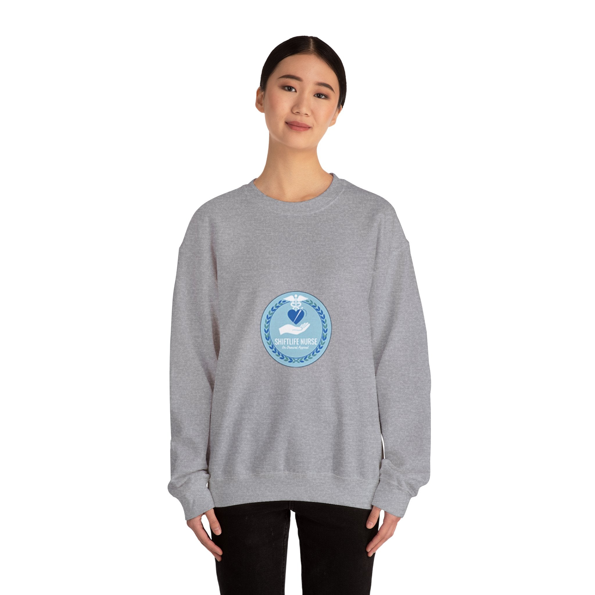 Crewneck Sweatshirt — Compassionate Nurse Blue Badge Design